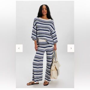 Free People Navy and White Striped Wide Leg Jumpsuit